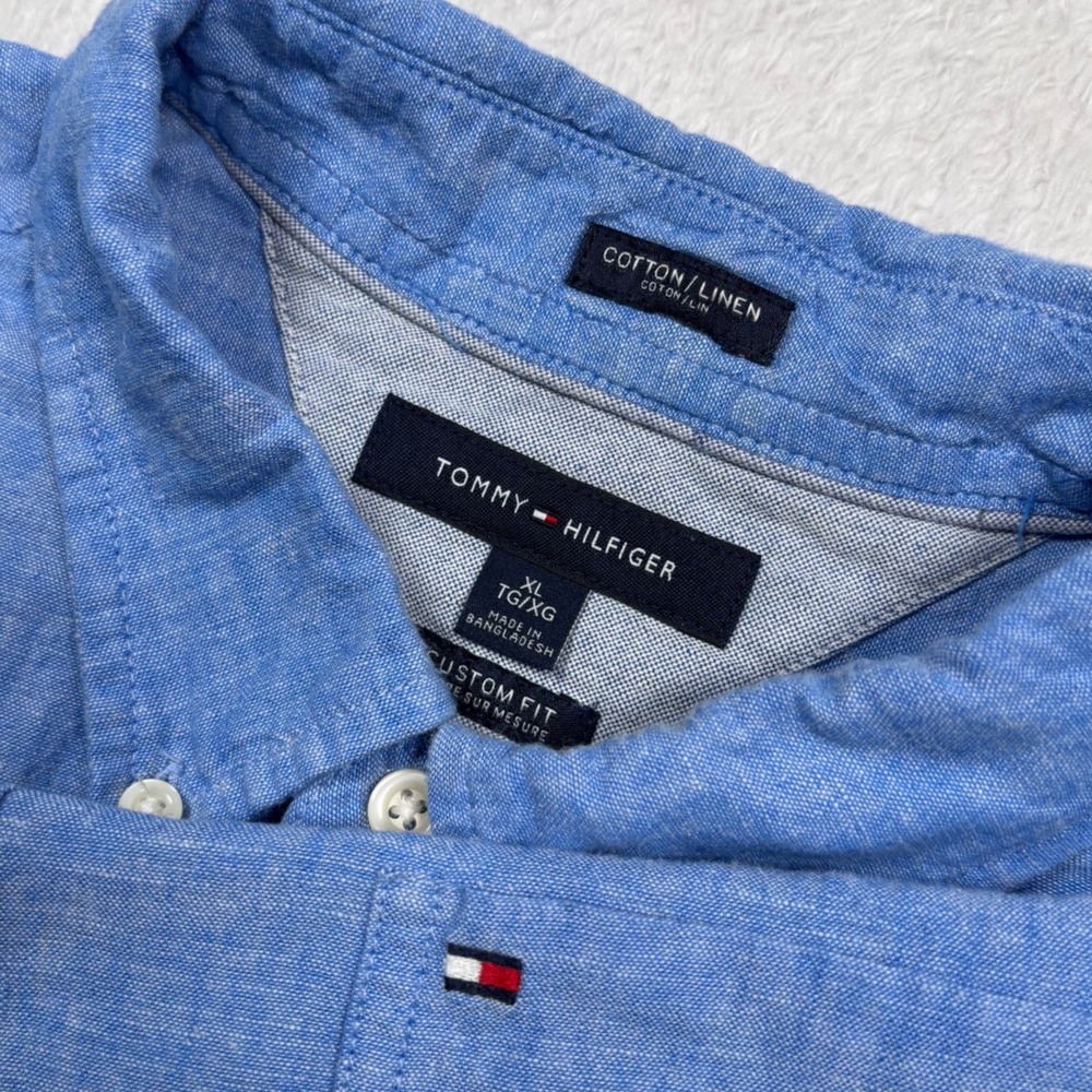 Tommy Hilfiger Button Shirt Mens XL Blue LINEN BLEND Short Sleeve Flag Coastal